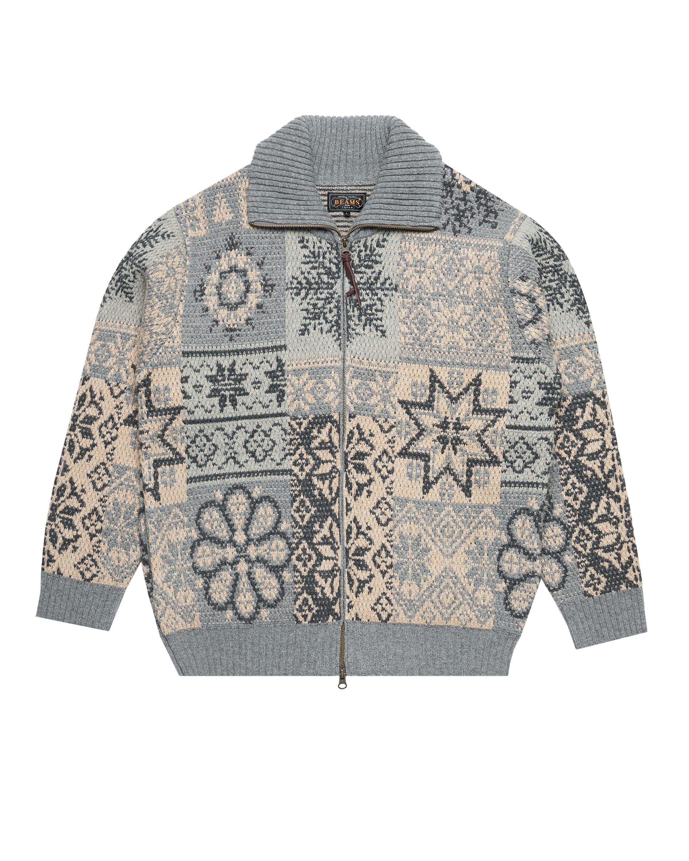 Beams+ Zip Cardigan Double Jacquard Patchwork Like Patter | 3815